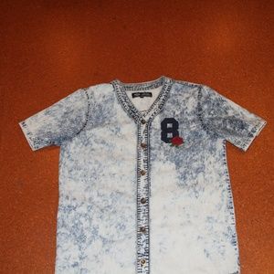Acid Wash Button Up Embroidered 8 and Rose